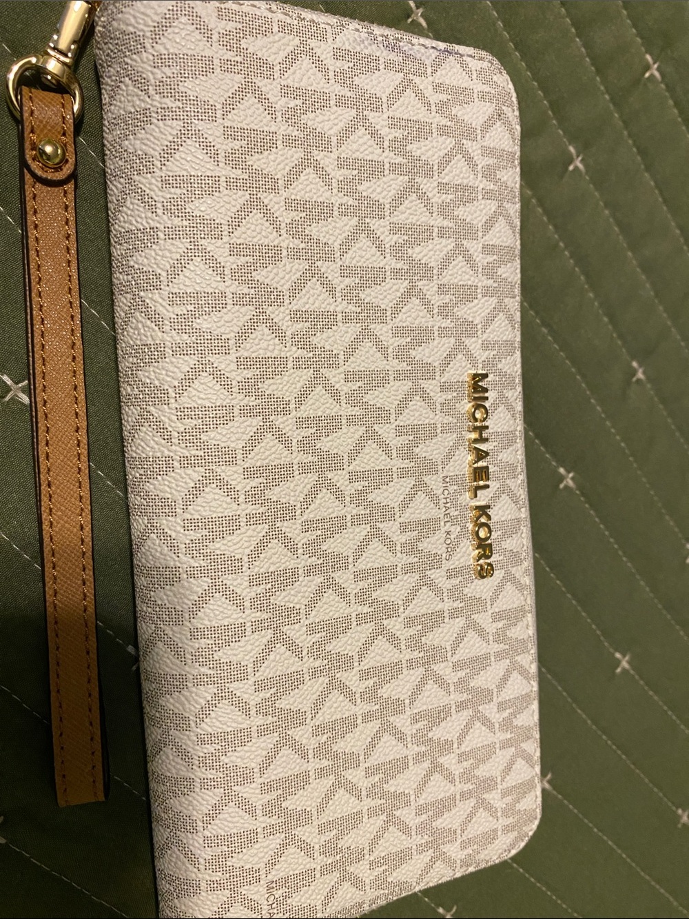 Michael Kors Cream Logo-Print Wristlet with Tan Strap and Gold Hardware